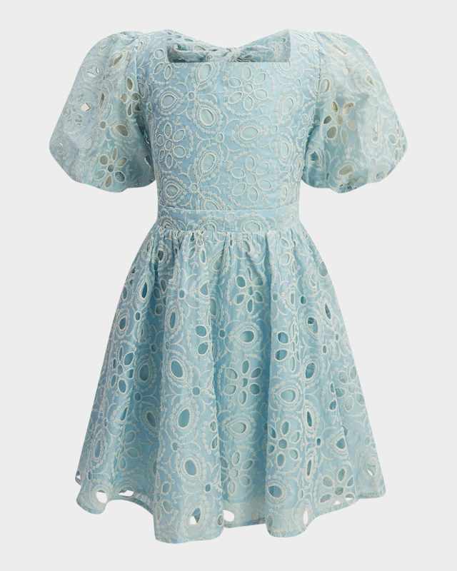 Girl's Margo Puff-Sleeve Broderie Mini Dress, Size 4-